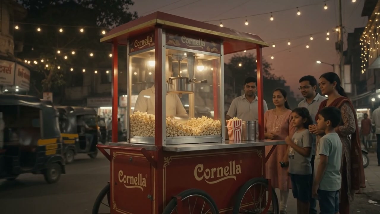A Cornella popcorn cart serving customers in an Indian market
